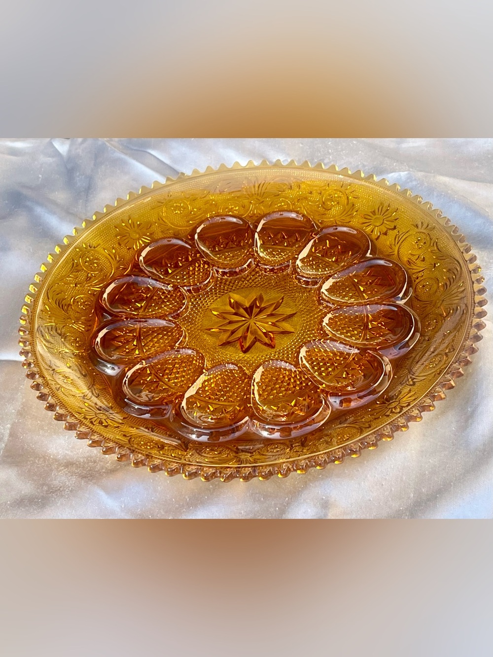 Vintage Amber Glass Deviled Egg Platter 12” Heavy Pressed Glass Serving Tray - Picture 5 of 5